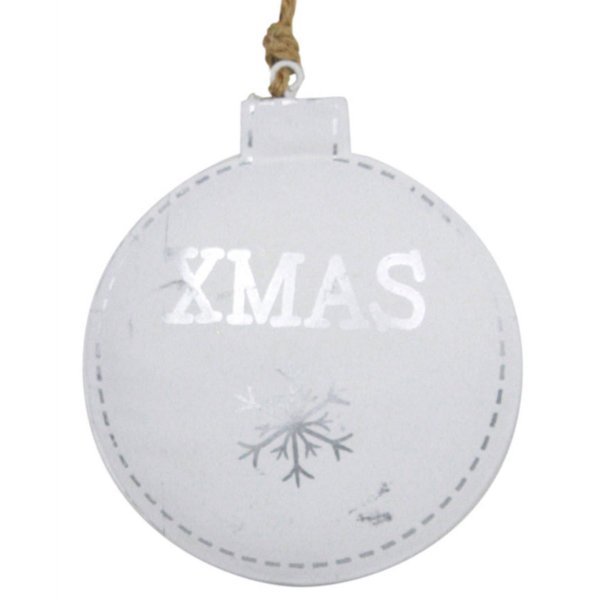 Χριστουγεννιάτικη Μεταλλική Μπάλα, Λευκή με Χιονονιφάδα και "XMAS" (10cm)